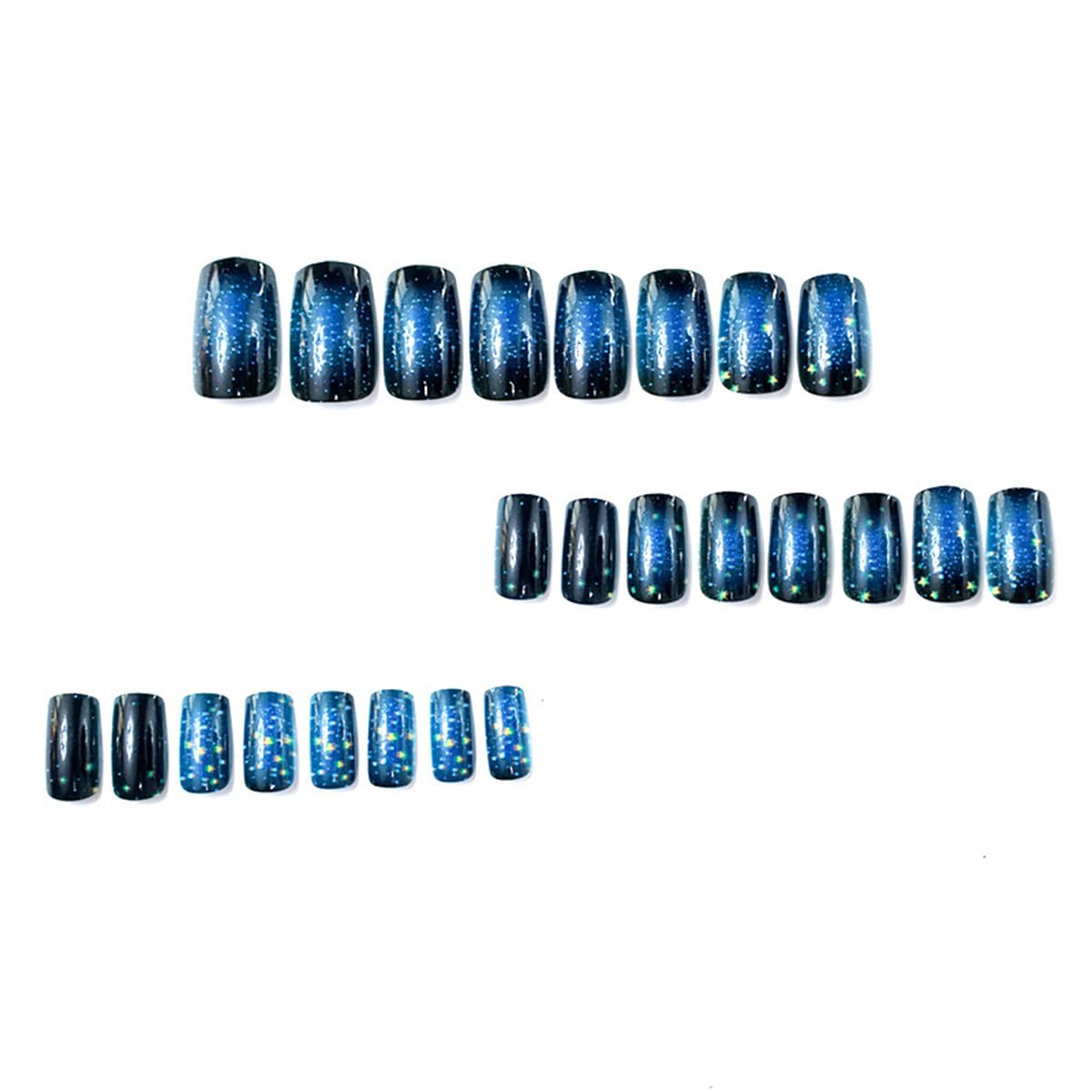 24Pcs Dark Blue Starry Sky Fake Nails Short Square Press on Nails with Stars Designs Blue Black Ombre Nail Press ons Glossy Full Cover Glue on Nails Reusable Stick on Nail for Women Manicure