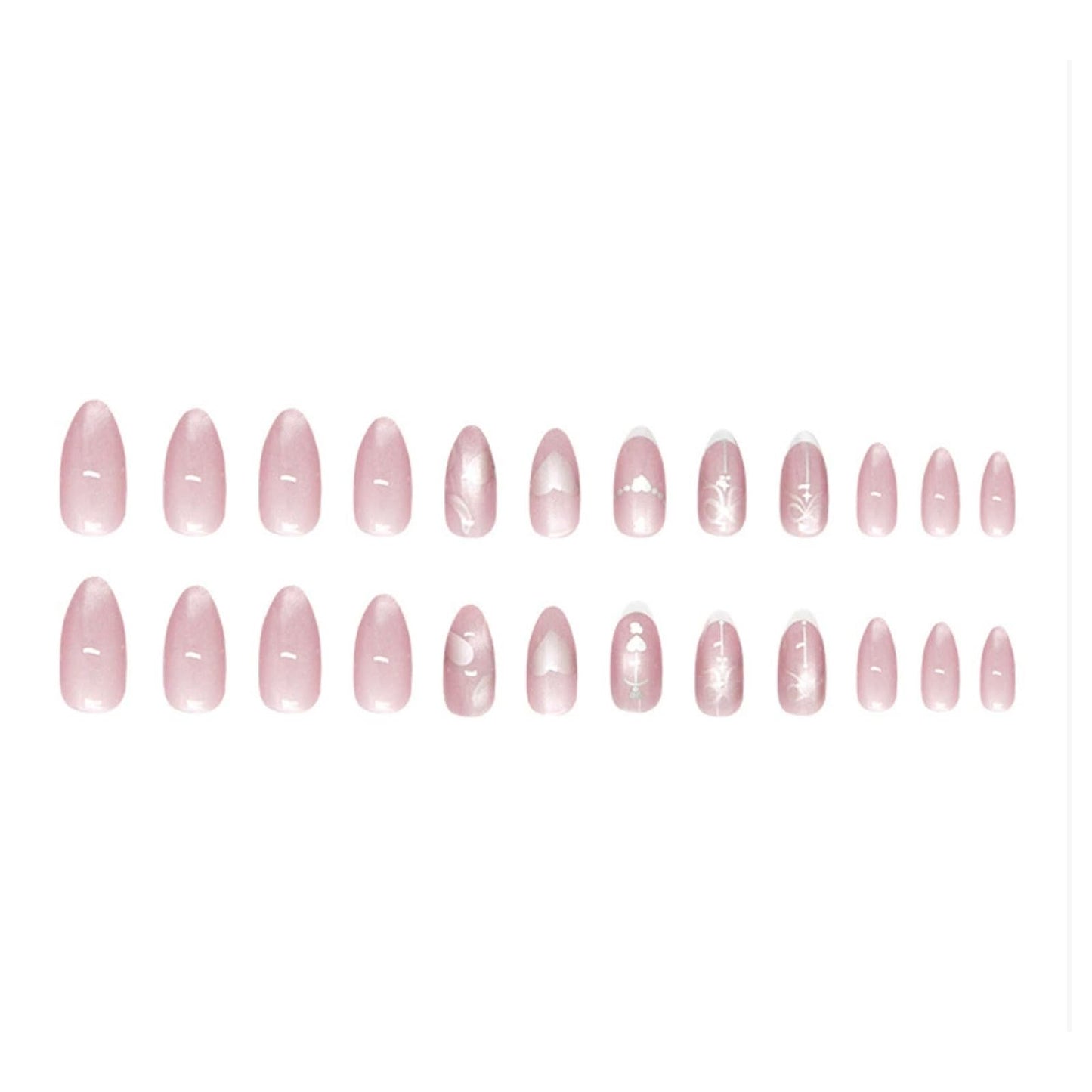 Hkanlre Almond Fake Nails Tips Shiny French Press on Nails Medium Full Cover Cat Eyes Pink False Heart Nails for Women 24PCS