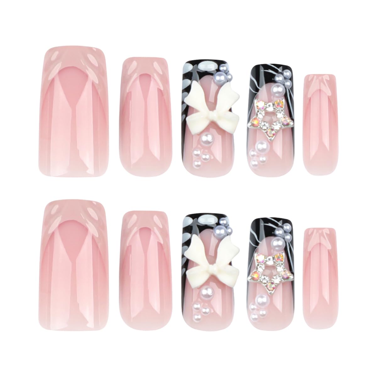 Press on Nails French Tip Fake Nails Medium Square False Nails with Pearl Design Bow Glue on Nail Press ons Glossy Full Cover Artificial Acrylic Nude Stick on Nail for Women Girls Manicure 24cs