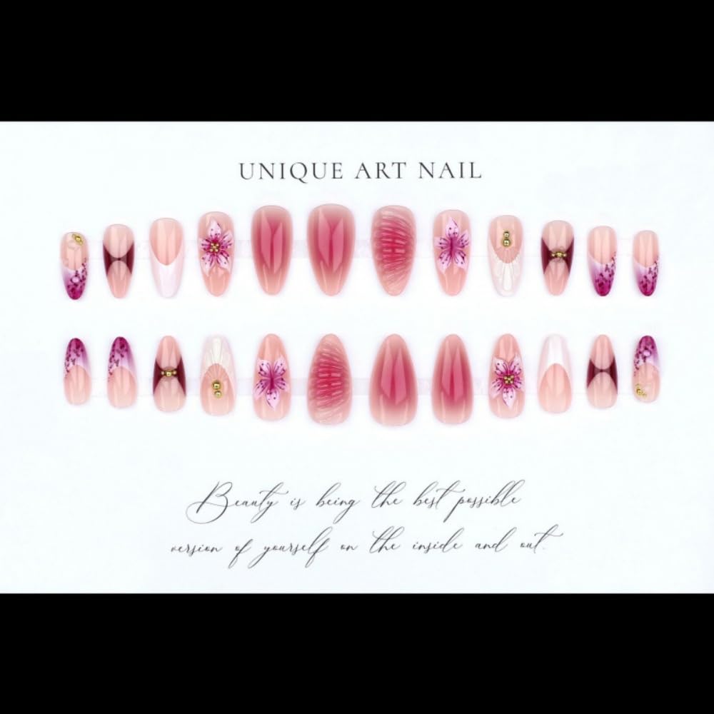Almond Press on Nails Medium Nails Press on with Purple Bow Design Glossy White French Tips Glue on Nails Ombre Water Ripple Fake Nail Reusable Winter Xmas False Nail for Women Manicure 24Pcs