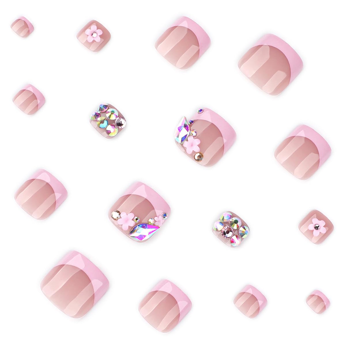 yefiuo Handmade Press on Toenails Pink French Toe Press on Nails Tips Kit Fake Toe Nails Press ons False Toenails Flower Rhinestones Acrylic Glue on Nails Stick on Nails for Women Nail Supplies 24Pcs
