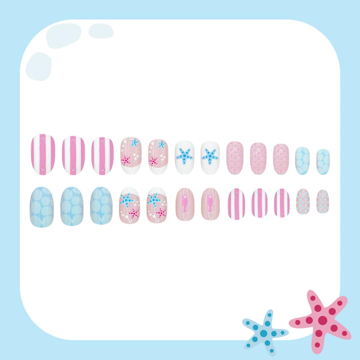 24 Pcs Pink Blue Press on Nails Short Oval WLGDLH French Tip Fake Nails, Summer False Nails Press ons with Polka Dot Starfish Striped Design, Nude Base Glue on Nails for Women Manicure, Glossy Finish