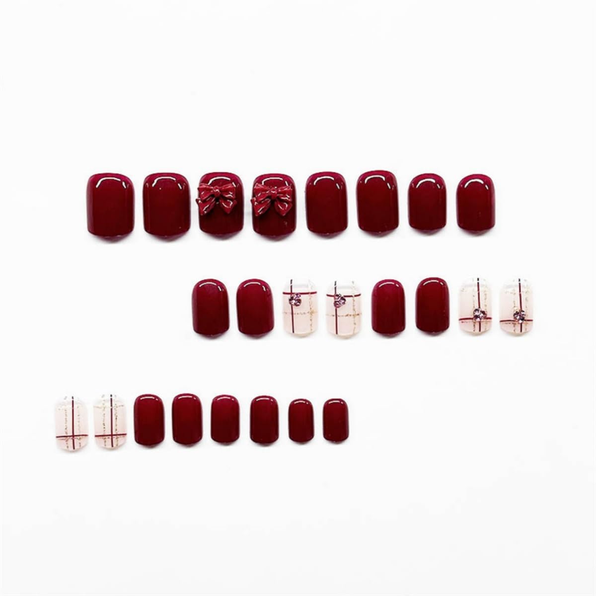 OCTOSWAVE Press on Nails Square Short Fake Nails Red Artificial Nail with Rhinestones and Bow Stick on Nail for Women 24pcs