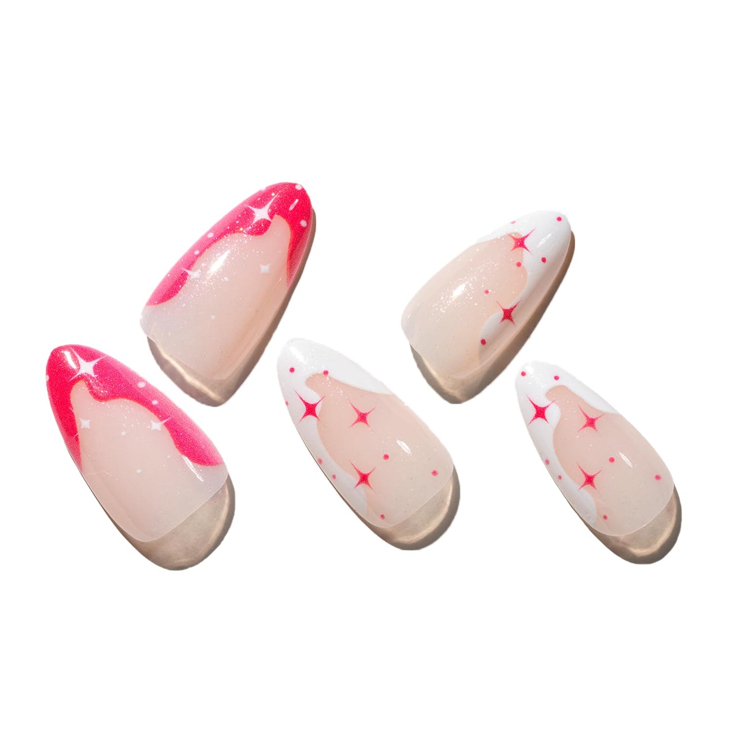 GLAMERMAID Nude Pink Press on Nails Medium Almond, Black White French Tip Stiletto Stick on Fake Nails for Women Gift, Nude Press on Nails Medium Almond， Glitter Star Short Oval Glue on Nails Gel