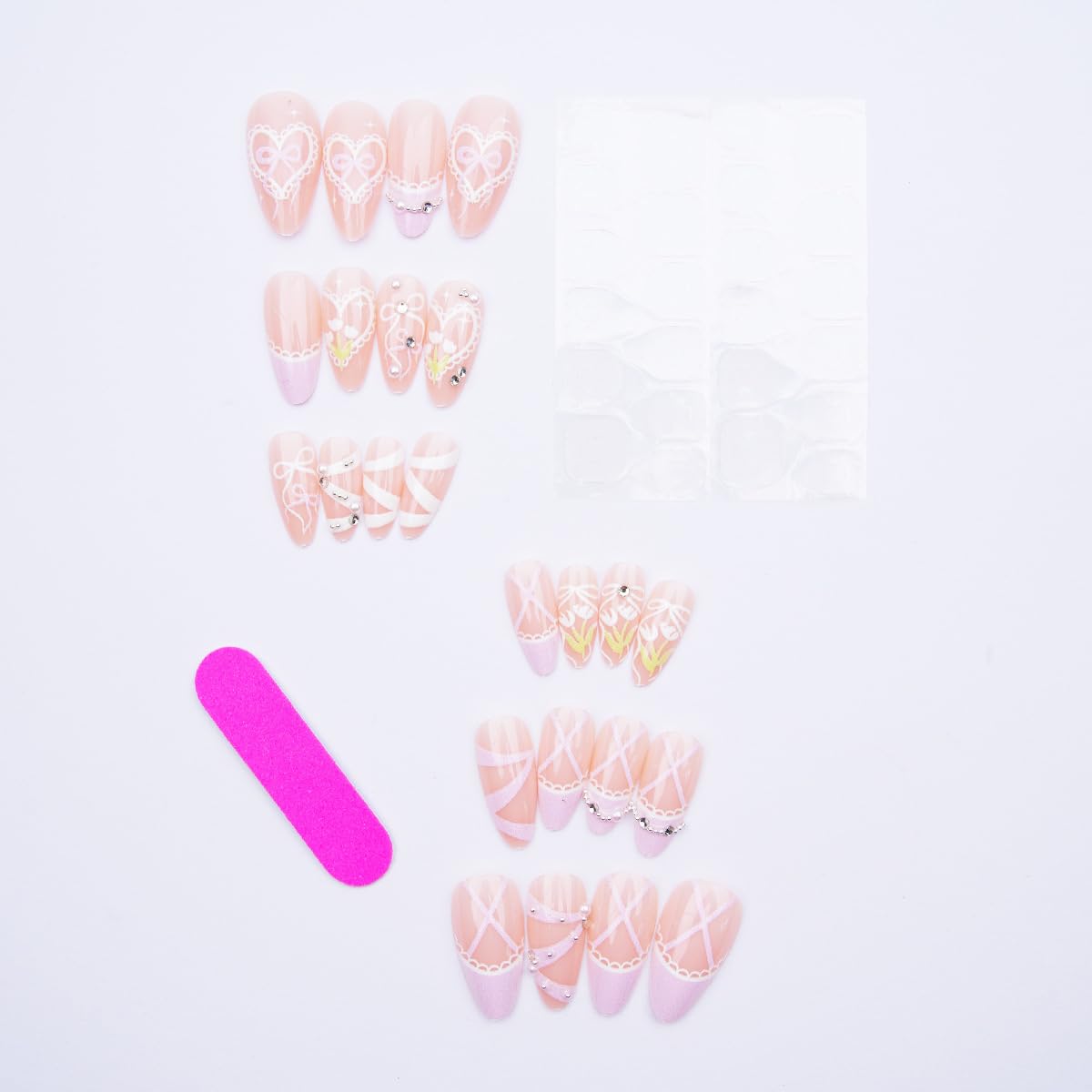 24Pcs Pink French Tip Press on Nails Medium Almond Fake Nails with Heart Pearl Bow Designs Nude False Nails Glossy Full Cover Acrylic Nails Cute Stick on Nails for Women Girls DIY Manicure Decorations