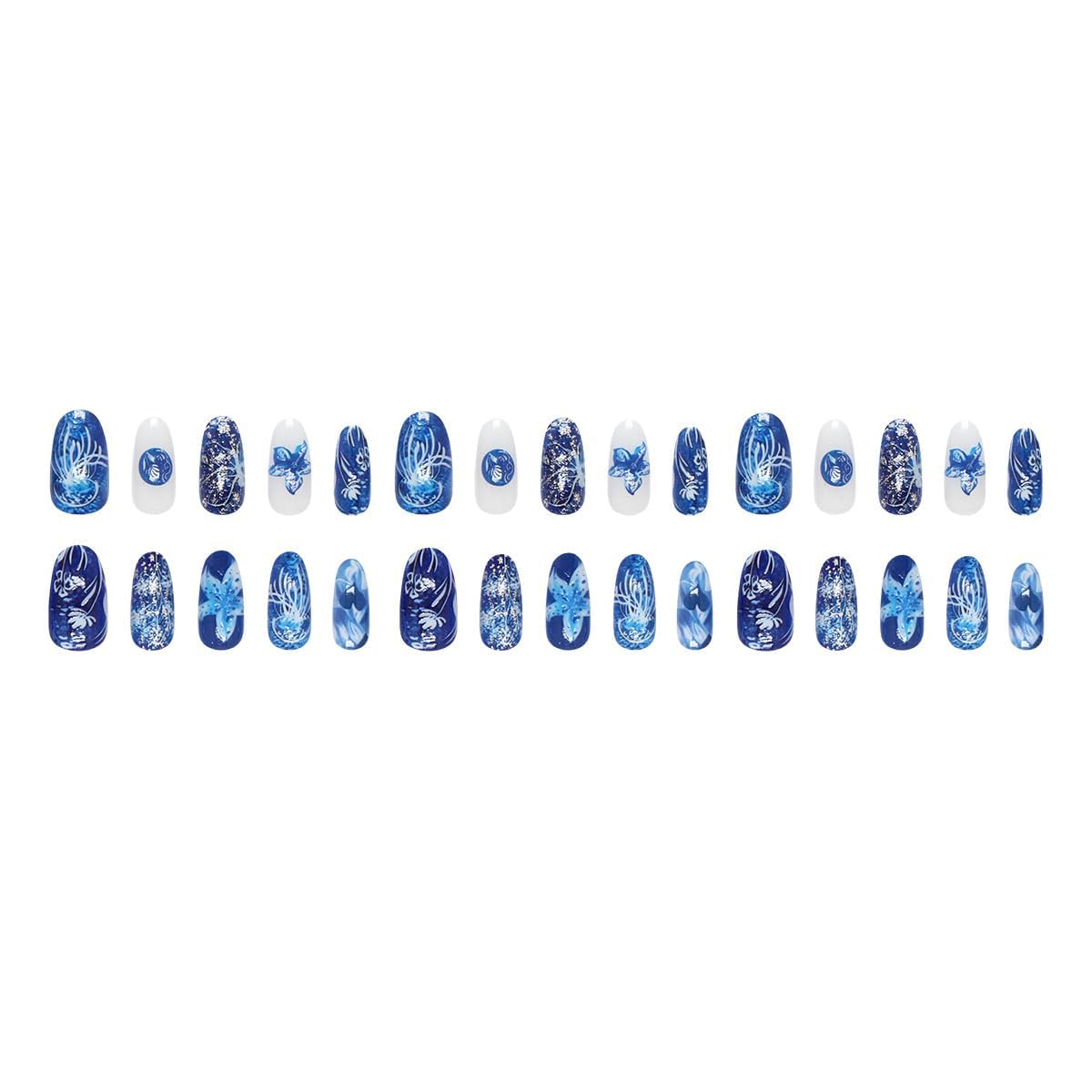 plalely Almond Press on Nails Short Blue Fake Nail 3D Flowers Acrylic Nail Press ons Marine Organisms Stick on Nail for Women 24pcs