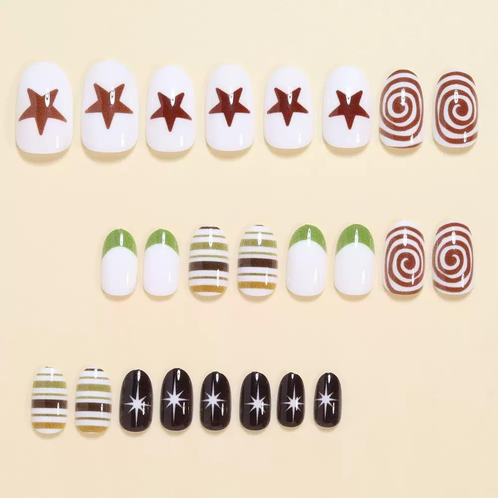 CTTHNBD Short Press on Nails Almond - Star Fake Nails with Whirlpool Stripes Design - Green French Tip False Nails for Women 24 Pcs