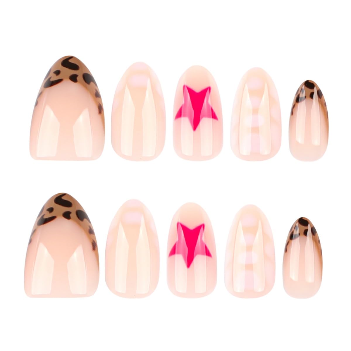 24Pcs French Tips Press on Nails Short Almond Fake Nails with Leopard Designs Cute Pink Star False Nail Nude Nails Press Ons Artificial Full Cover Acrylic Glue on Nail for Women Girl Manicure