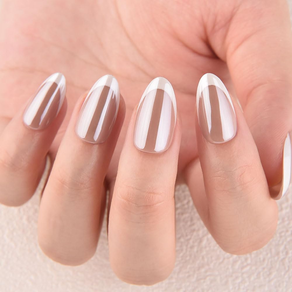 evpct French Tip Press On Nails Short Almond, Nude Brown + Wihte Tips, Chrome Glazed Glossy Short Almond Fake False Press on Nails, Reusable Gel Stick on nail Press ons Nail Kit, Salon Quality