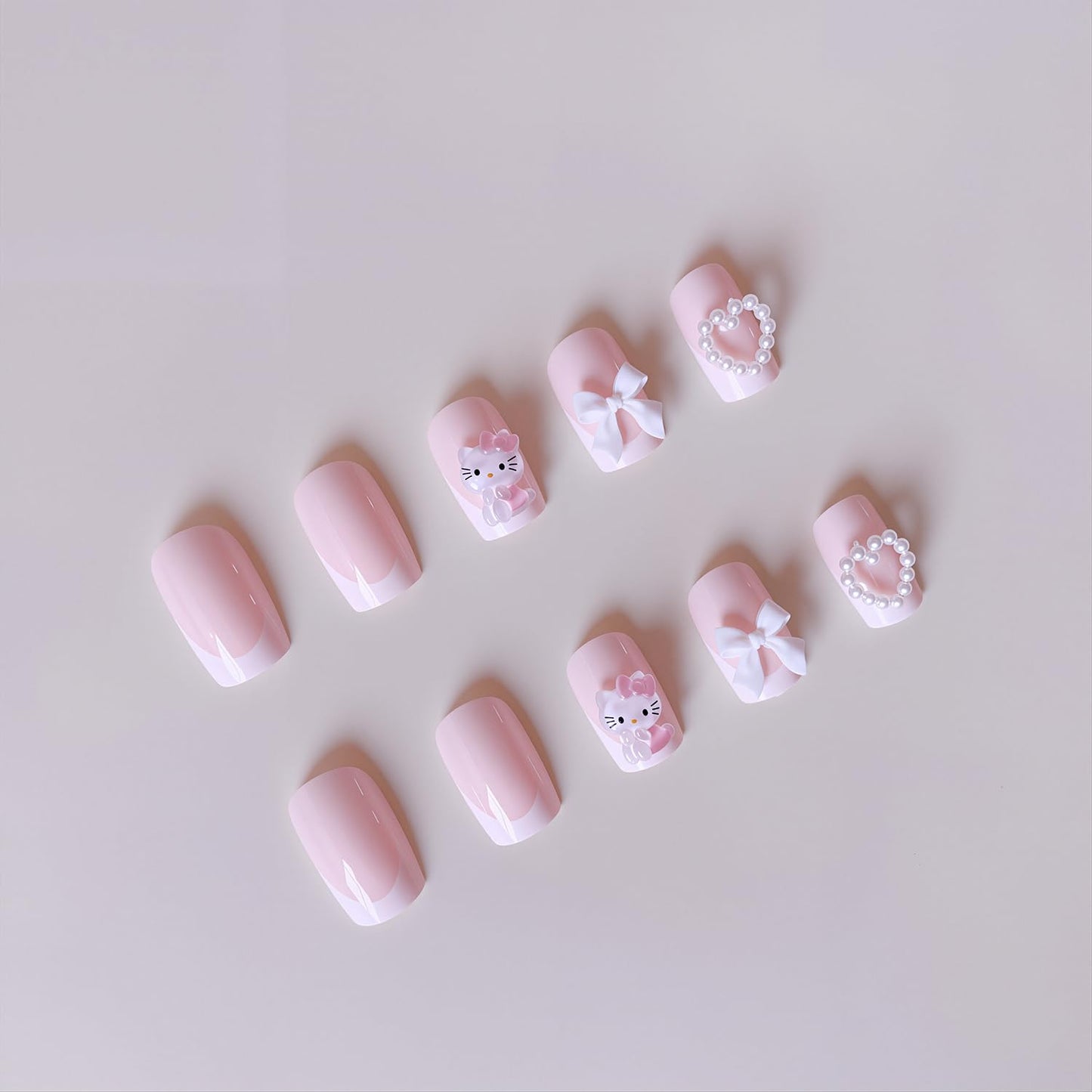 24Pcs White French Tip Press on Nails Short Square Fake Nails with Pearl Heart Designs Reusable Cartoon False Nails 3D Bow Acrylic Nail Cute Full Cover Glue on Nails for Women