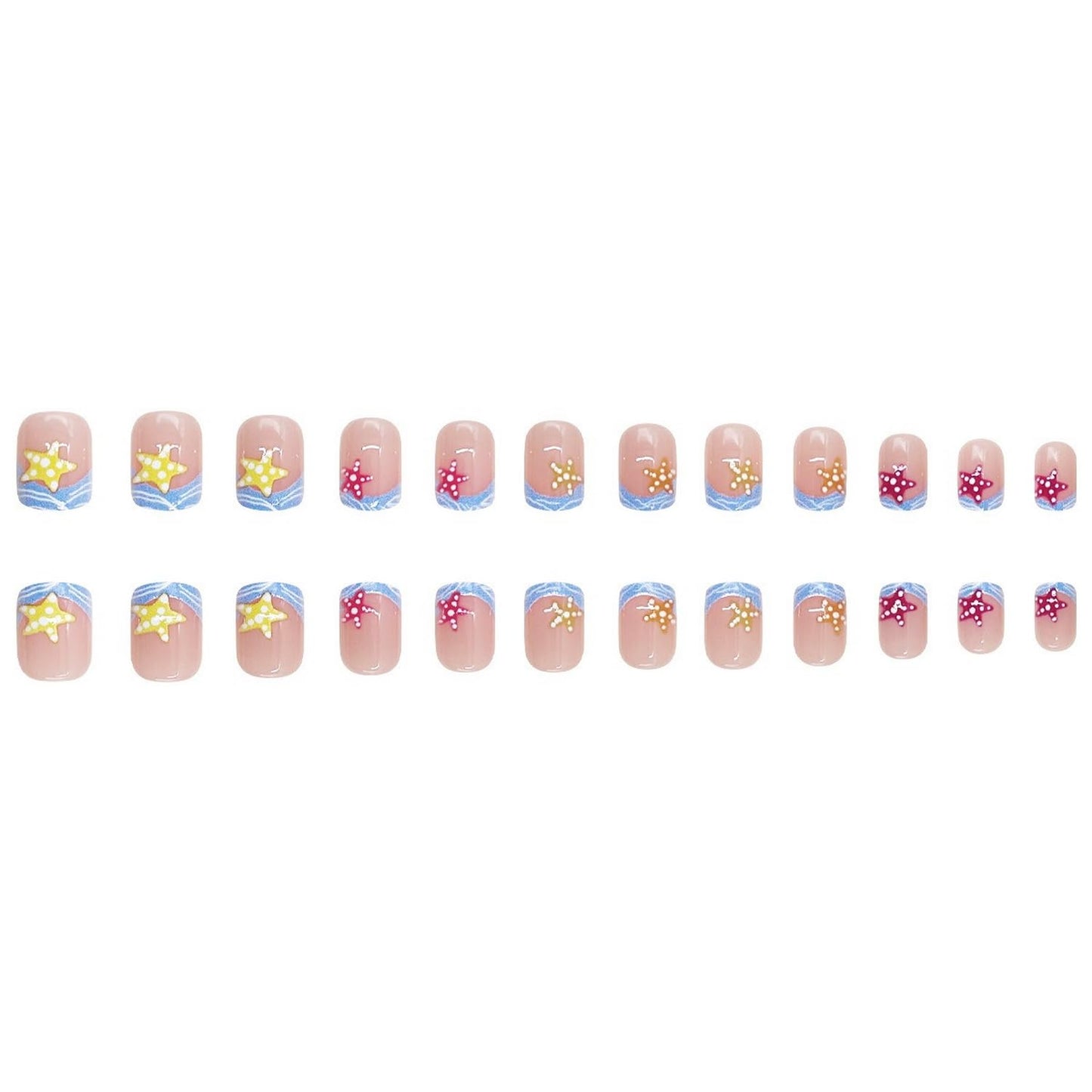 Summer Press on Nails Waves French Tip Fake Nail Beach Nails Press ons with Starfish Design Short Square Stick on Nail Glossy Acrylic Nails for Women DIY Manicure Decor 24 Pcs
