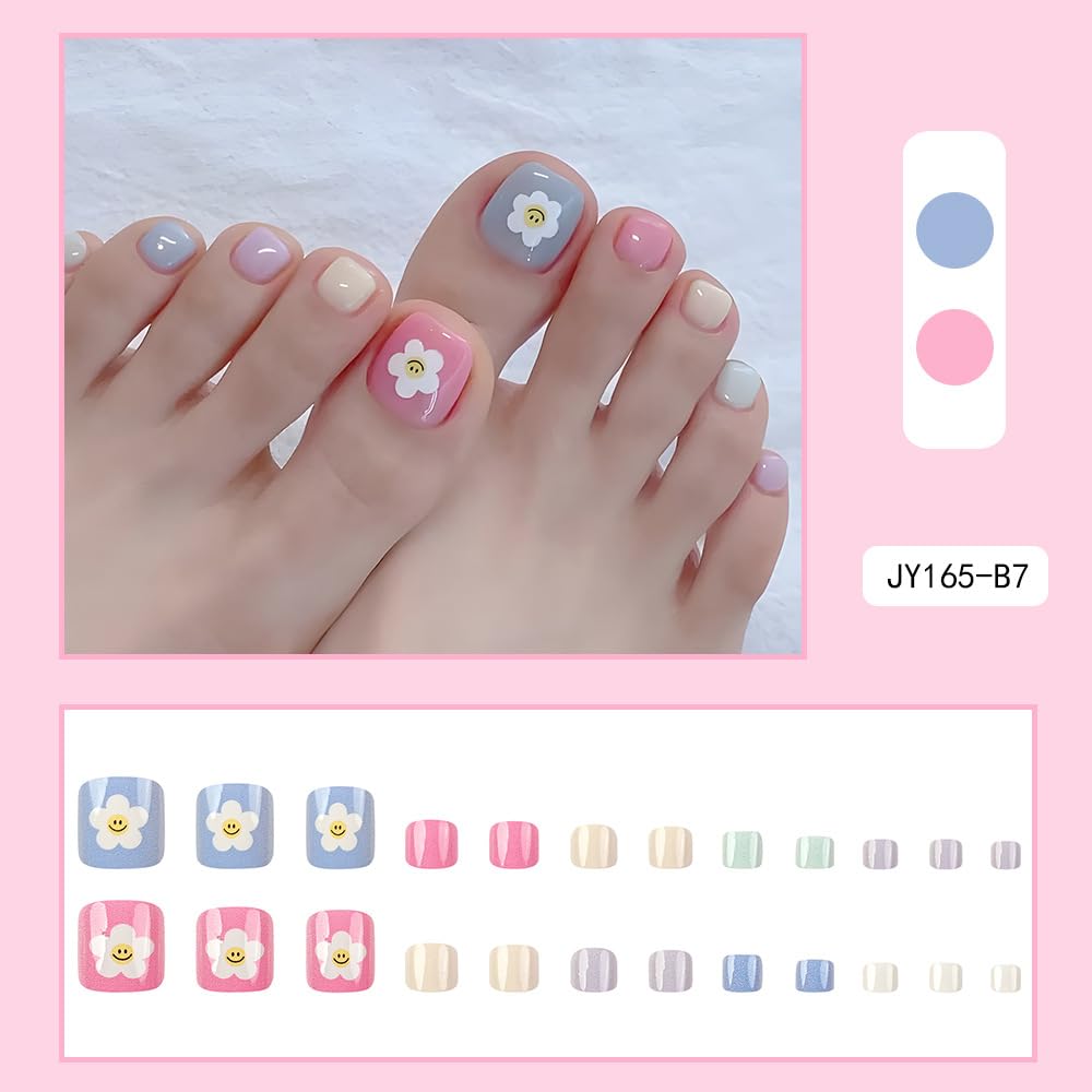Flower Press on Toenails Short Square False Toenails with Smiling Face Design Light Blue Fake Toe Nails Glossy Summer Stick on Toenail Cute Spring Glue on Toenail for Women Girls Manicure 24Pcs