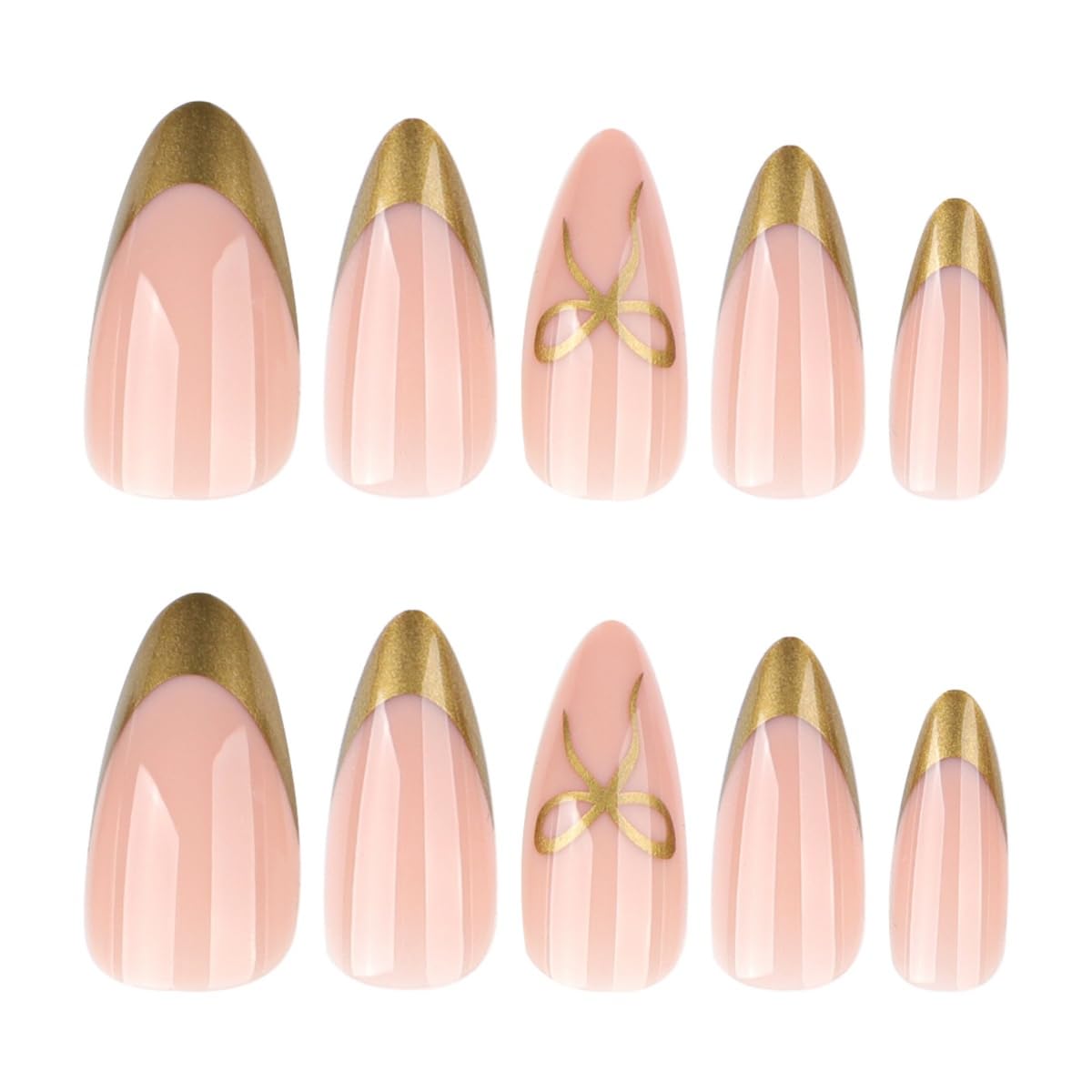 Gold French Tip Press on Nails Medium Almond, Bow Fake Nails with Glue, Full Cover Nude Glossy False Nails for Women DIY Manicure Decoration, 24PCS Reusable Acrylic Nails