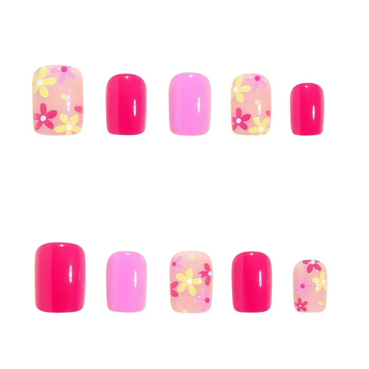 CTTHNBD Press on Nails Square - Short Fake Nails with Colorful Flower Design - Pink, Purple, Cute False Nails Press ons - for Women 24 Pcs