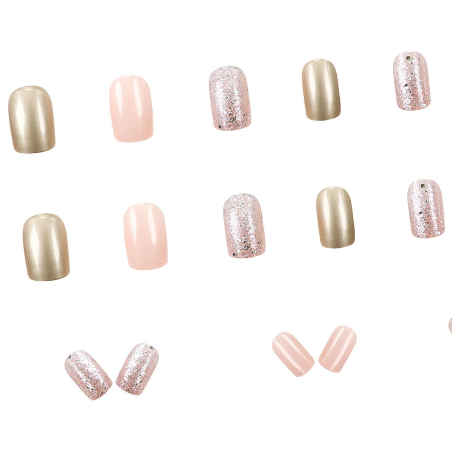 Acrylic Press on Nails Short Square Fake Nails Light Pink Nail Press ons with Silver Glitter Sequins Designs Gold Glue on Nails Glossy Manicure Style Artificial Nails 24Pcs for Girls Women