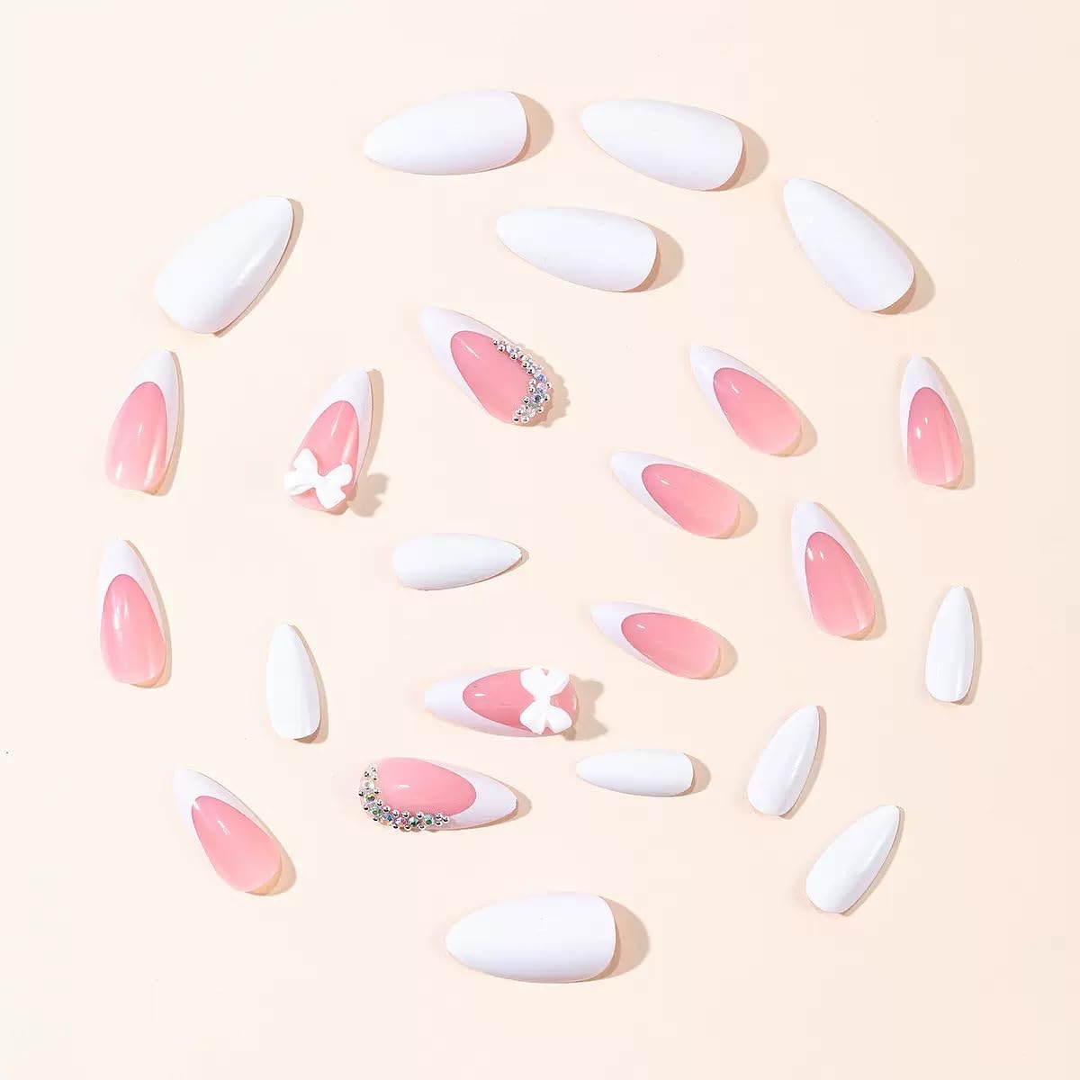 CTTHNBD Press on Nails Almond - Flower Fake Nails with Polka Dot Design - Winter, Ombre Full Cover Stick on False Nails - for Women 24 Pcs
