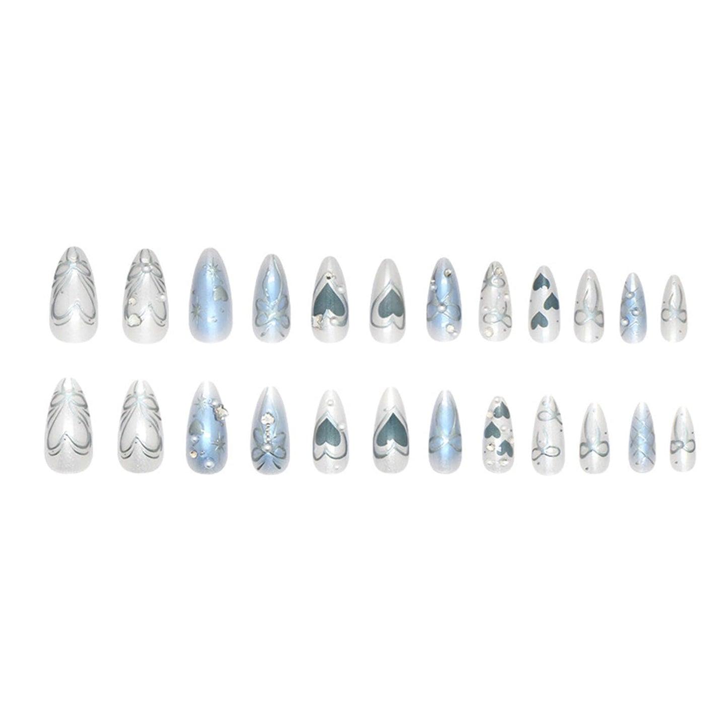 Blue Press on Nails Medium Almond Fake Nails with 3D Diamond Pearl Star Charms Acrylic Nails Press ons Cute Design Heart-shaped Press ons Gradient Bow Silver Star Stick on Nails for Women Daily Wear