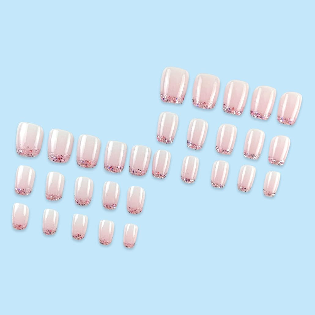 Foccna French Press on Nails Short Square Fake Nails with Pink Glossy Full Cover Stick on Nails Bling Sequins Acylic Nails for Women and Girls 30Pcs
