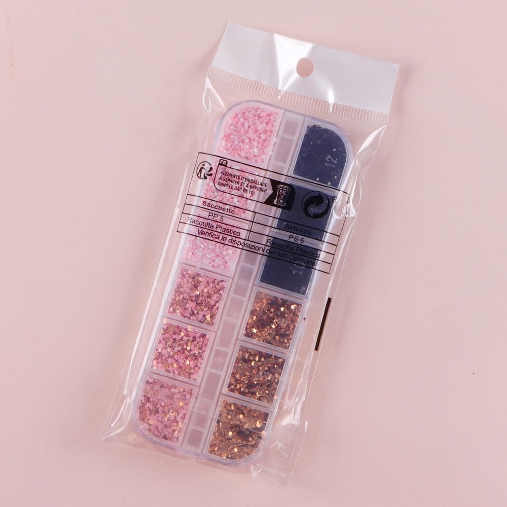 1 Box 4 Color Holographic Hearts Nail Glitter Round Star Nail Sequins 3D Pink Gold Nail Flakes Sparkly Glitter Flakes Shiny Nail Glitter Valentine's Day Nail Sequins Glitter for Nails Art 12 Grids