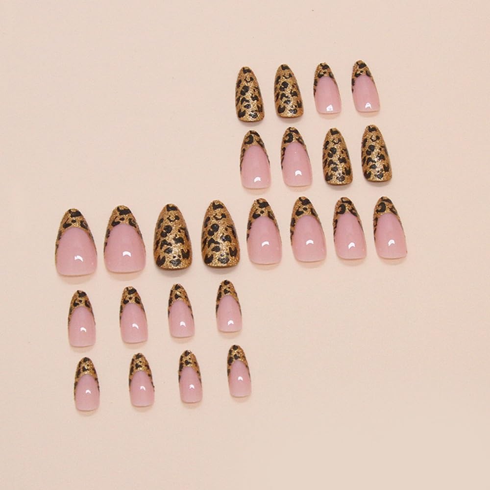 Almond Press on Nails Gold French Tip with Leopard Print Design - Glue on Glitter Glossy Full Cover Stick on Winter Acrylic Press ons for Women Manicure 24Pcs