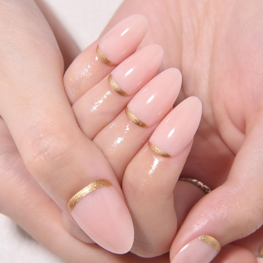 evpct Nude Pink French Press on Nails Short Almond, Short Gold Foil Stick on Nails for Women Gift,Nude Pink Glossy Fake Nail Reusable Soft Gel Press on Acrylic Fake Nail kit with Gold Line Design
