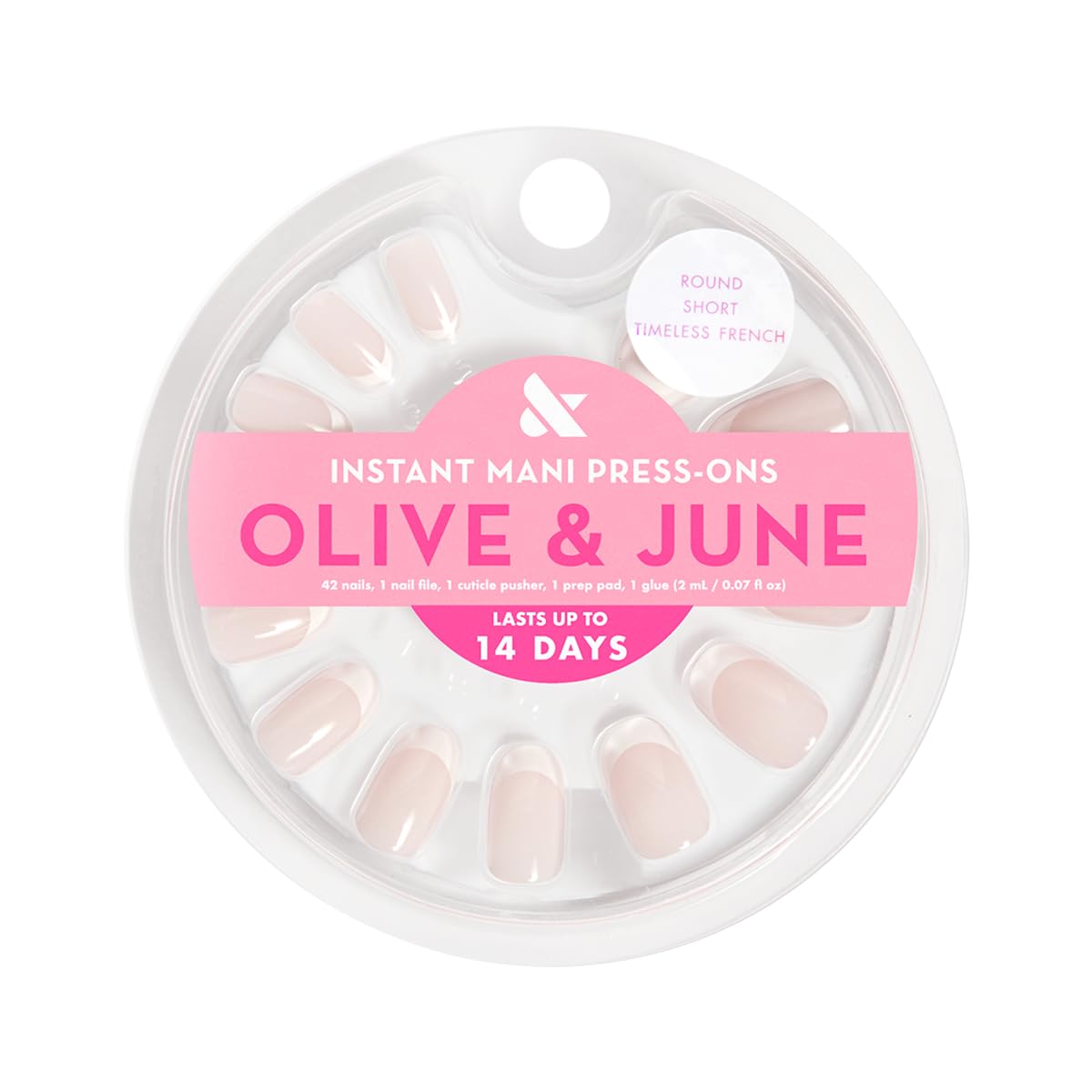 Olive & June Instant Mani Press-On Nails (Glue) | 42 Fake Nails, 21 Sizes | Non-Toxic Long-Lasting Recycled Materials Realistic Look | Salon-Quality at Home | Short, Round | Timeless French