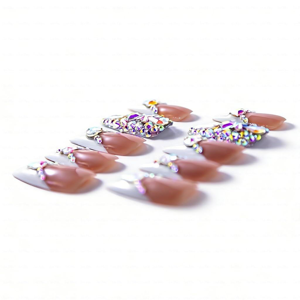 IntoVibes 10 Pieces Handmade Long Almond Press On Nails, White Thickened French False Nails With Rhinestone Decorate, Reusable Fake Nails Almond, Reusable Acrylic Nails (L)