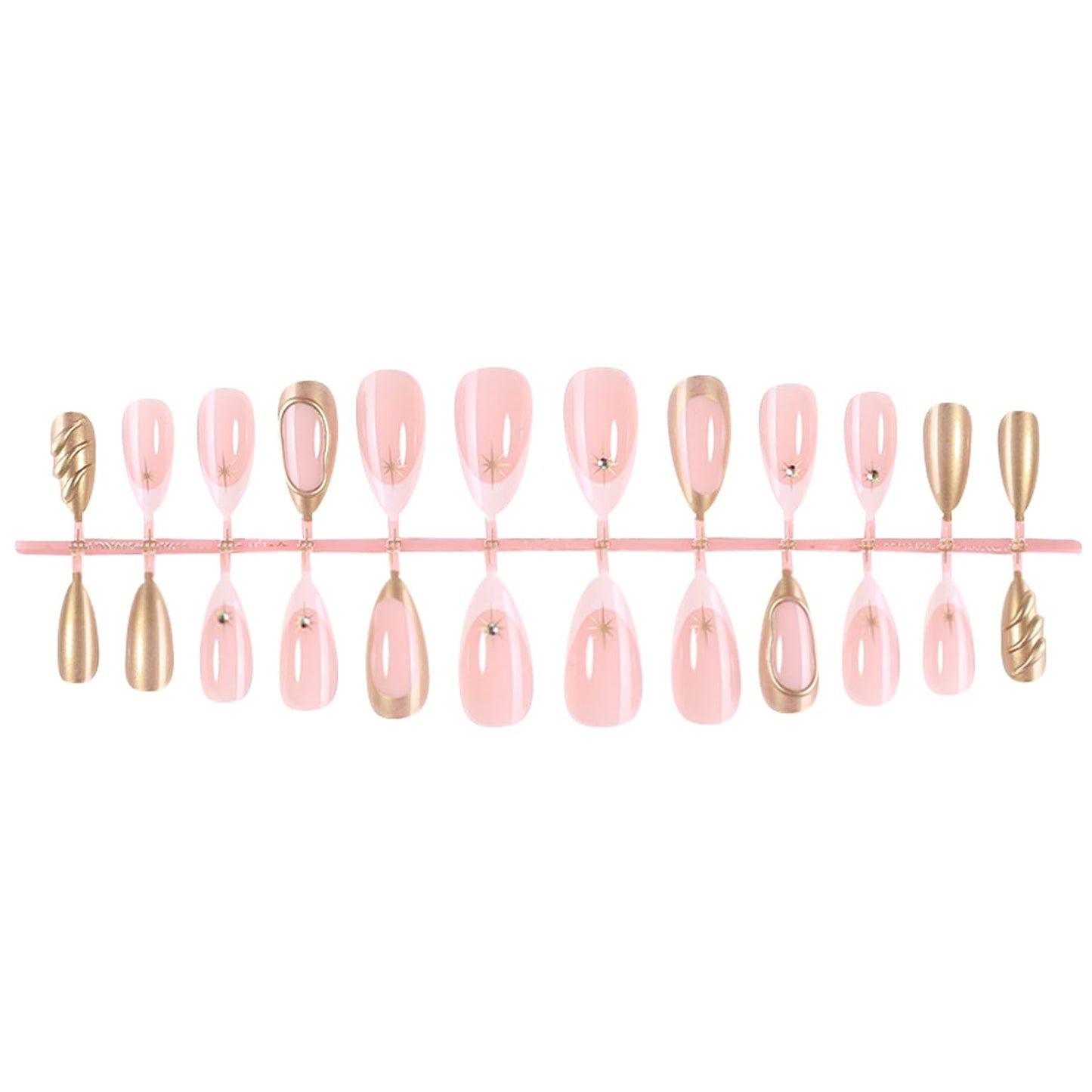 24Pcs Chrome Gold Press on Nails White French Medium Almond Fake Nails with 3D Rhinestone Design Gold Star False Nails Gilded Line Acrylic Nail Nude Glossy Full Cover Artificial Glue on Nail for Women