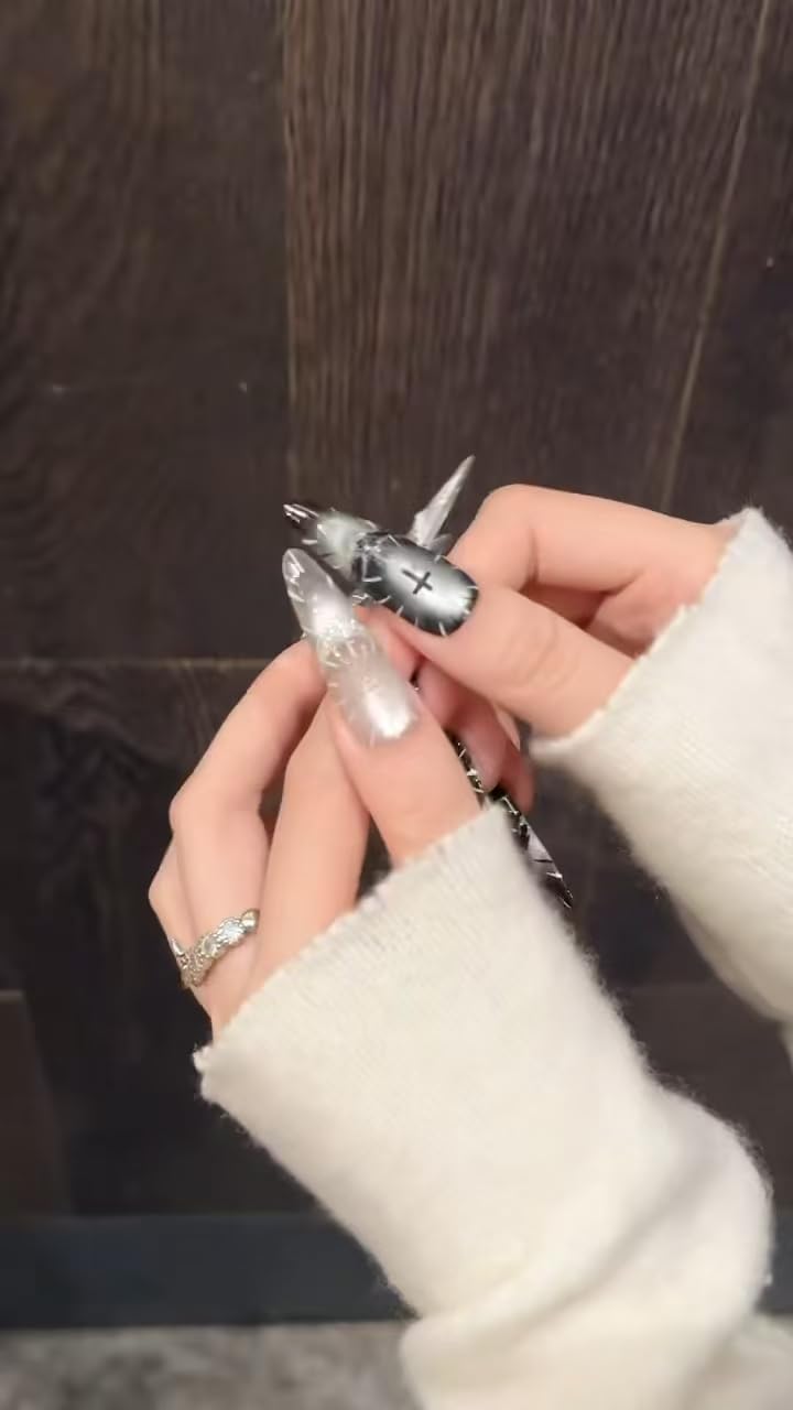 Gothic Fake Nails Set | Stiletto Almond Fake Nails with Silver Crackle & Black Gradient | Long Press on Nails for Women | Dark Aesthetic Nail Art (S)
