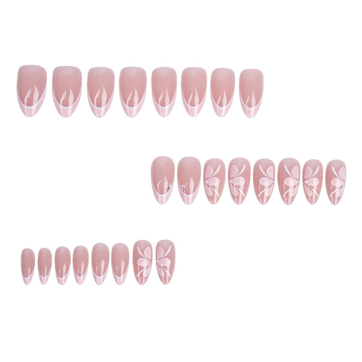 Pink French Tip Press on Nails - Medium Almond Nude Fake Nails with Flower & Pearl Design, Glossy Spring Summer Stick on Nails for Women Manicure, Glossy Finish | 12 Sizes - 24 Pcs