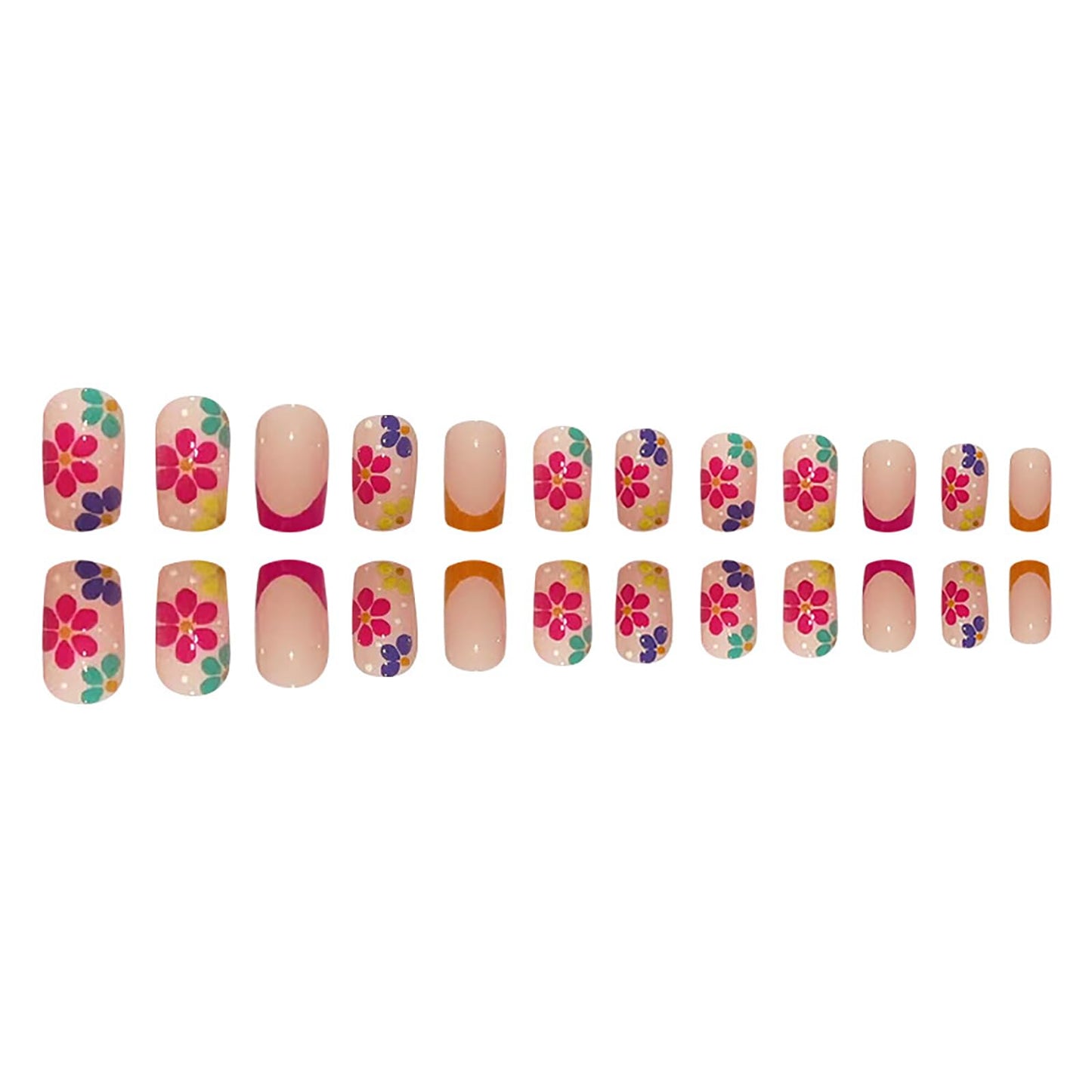 RTKHFZE French Tips Short Press on Nails Square Fake Nails with Flower Stereoscopic Embossed Design,Glossy Nude False Nails Full Cover Artificial Acrylic Nails Stick on Nail for Women Girls 24Pcs