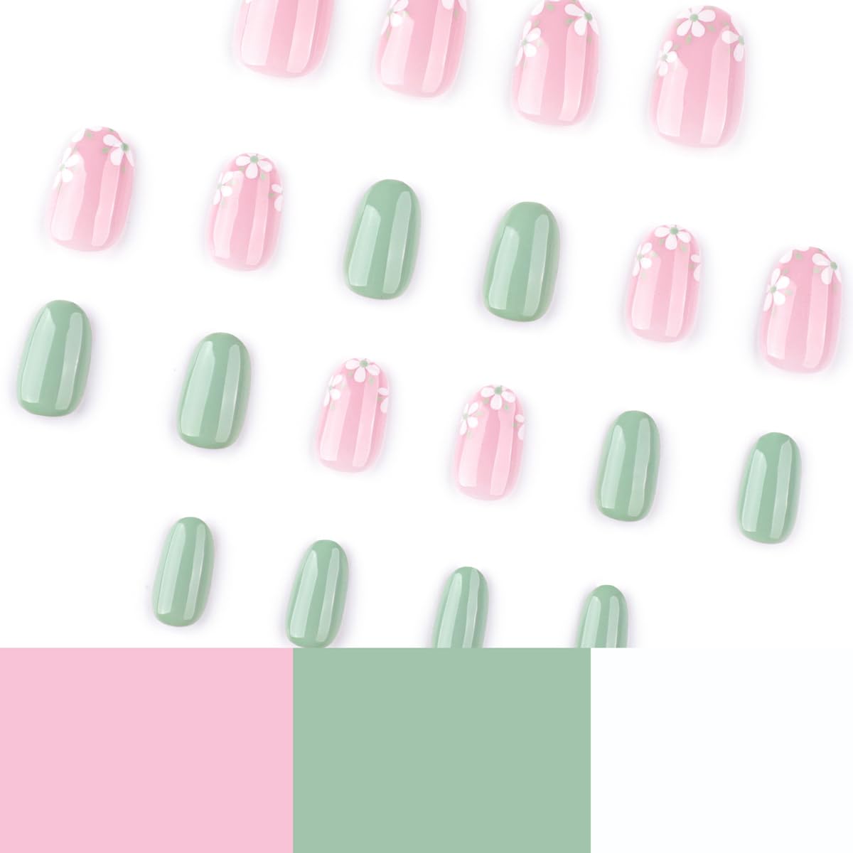 Green Press on Nails Short Oval Fake Nails Spring Summer Nails Press ons with Flower Design Reusable Artificial Nail Full Cover Stick on Nails for Women Manicure 24Pcs