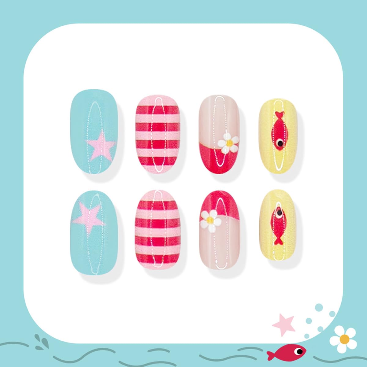 24 Pcs French Tip Press on Nails Short Oval WLGDLH Fake Nails, Summer False Nails Press ons with Ocean Small Fish Star Flower Striped Design, Nude Base Glue on Nails for Women Manicure, Glossy Finish