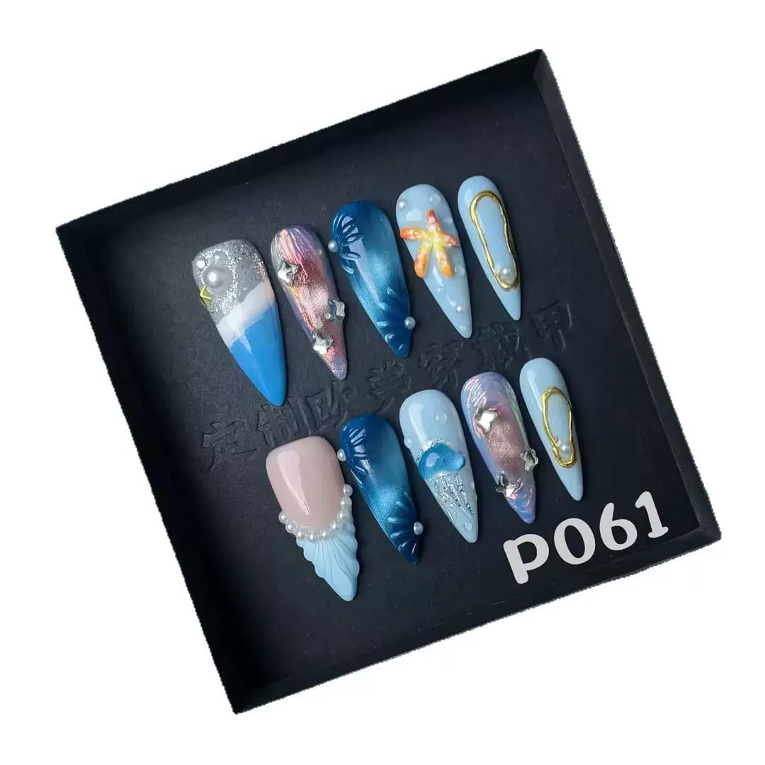 Press On Nails Long Stiletto Handmade Fake Nails with Starfish Design Ocean Glue on Nails Becah False Nails Ombre Blue Summer Handmade Nails Reusable Full Cover for Women Girls Manicure 10PCS Size M