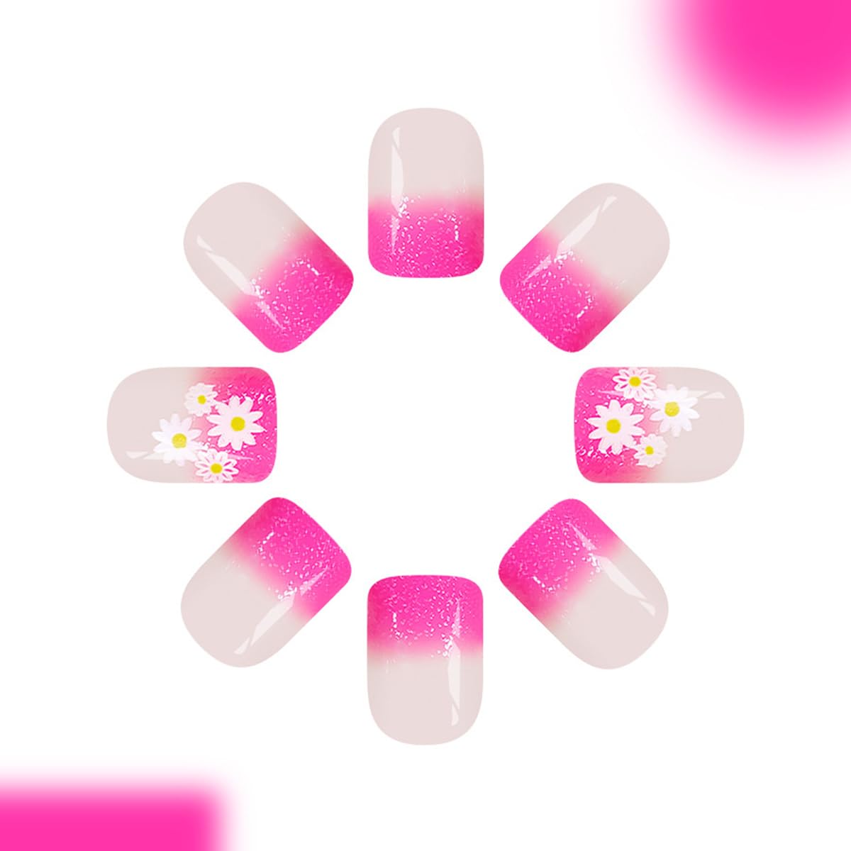 24Pcs Pink Ombre Press on Nails Short Square Spring Flower Fake Nails with Small Daisies Designs Nude Nails Press ons Glossy Full Cover Glue on Nails Reusable Stick on Nails for Women Manicure