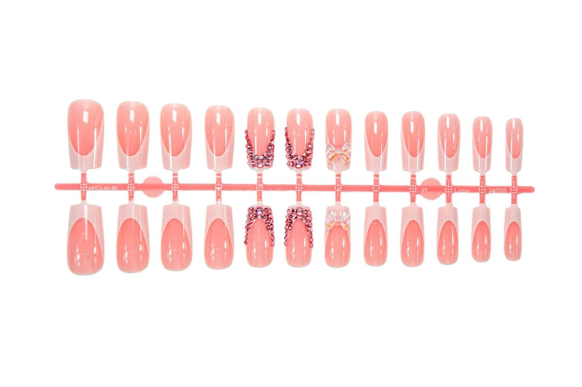 Pink Press on Nails French Tip Fake Nails Short Square False Nail with Rhinestone Design Bow Glue on Nails Glossy Stick on Nail Artificial Acrylic Full Cover Manicure for Women Girls Manicure 24Pcs