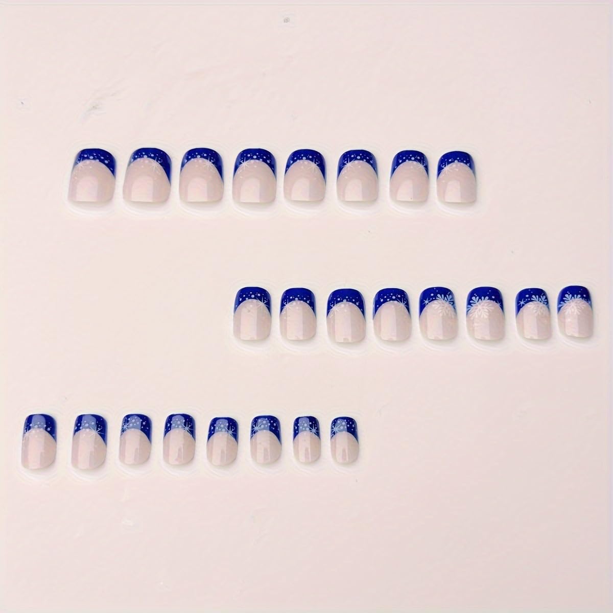 Christmas Blue French Tip Press on Nails Square Short Snowflake Fake Nails Winter Nude Pink Gradient False Nail Full Cover Reusable Acrylic Nails Christmas Glue on Nail for Women 24Pcs