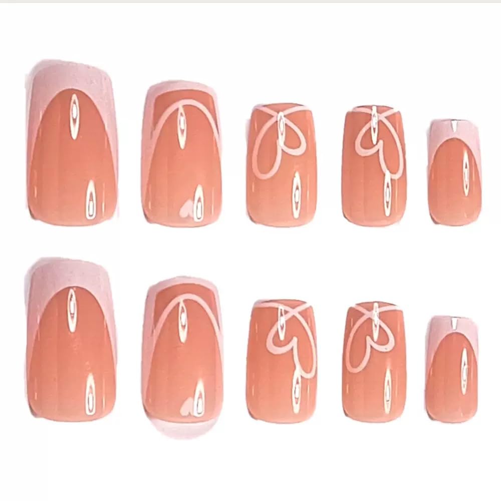 Square Press on Nails Medium - White French Tip with Heart Stripes Design - Glossy Full Cover Stick on False Nails - for Women 24 Pcs