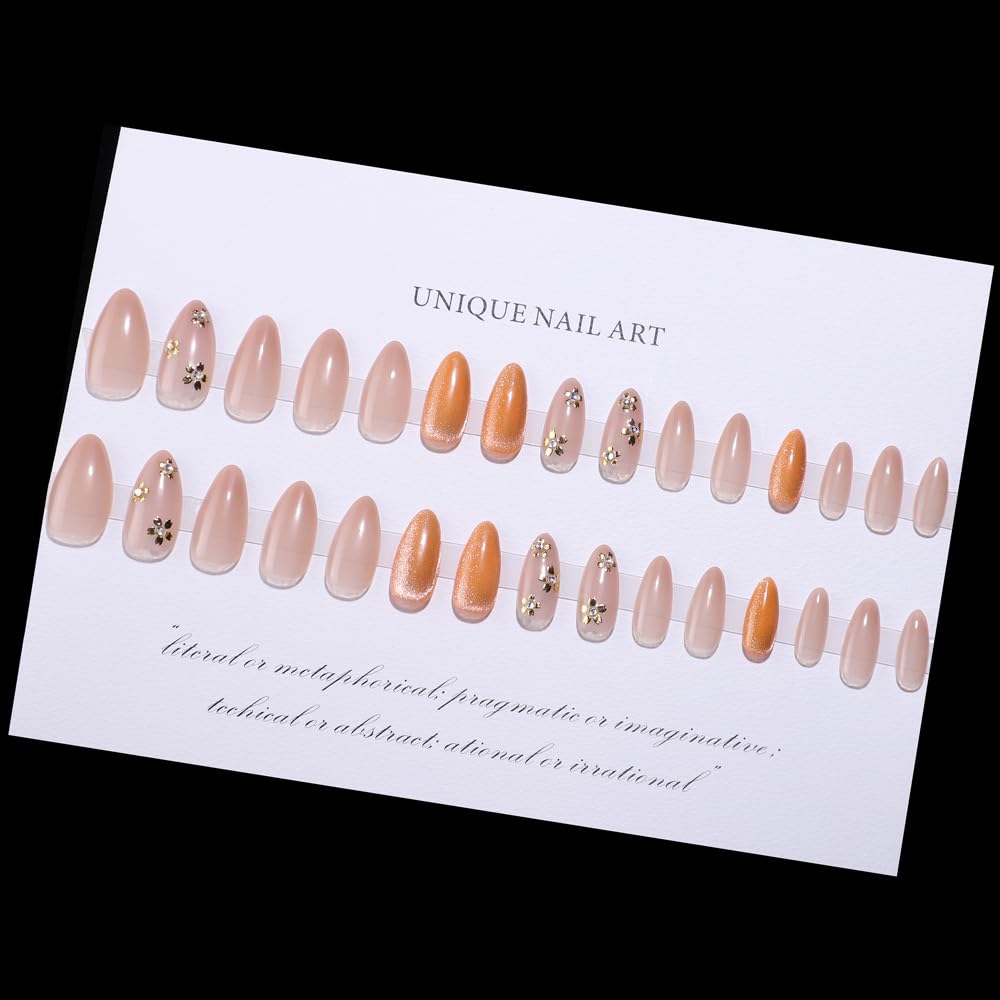 Nude Press on Nails Medium Almond Fake Nails Spring Nails Press ons with Flowers Design Glossy Full Cover Glue on Nails Artificial Stick on Nails for Women Manicure 24Pcs