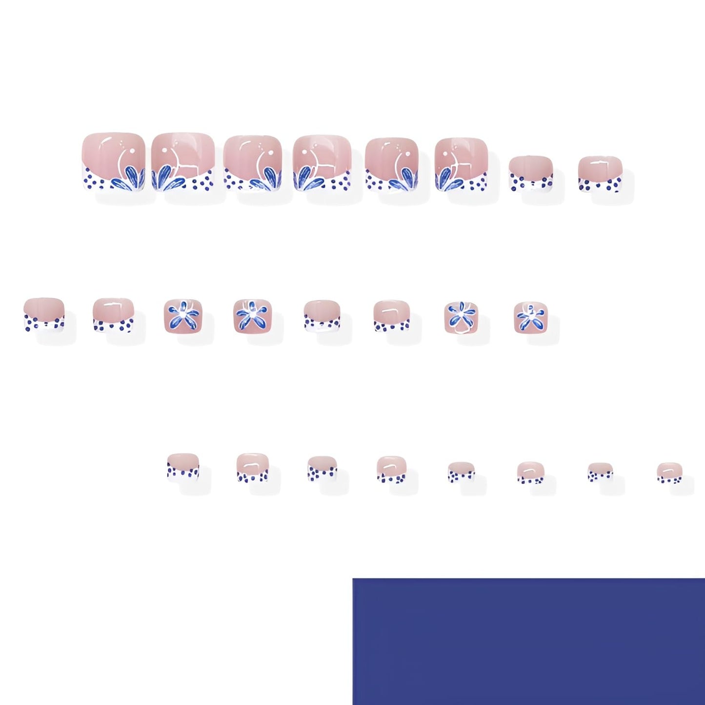 French Tip Press on Toenails Short Square Fake Toe Nails Polka Dot Toenail Press ons Flower False Toenails White Blue Stick on Toenail Glossy Glue on Toe Nail for Women Decorations Set 24Pcs