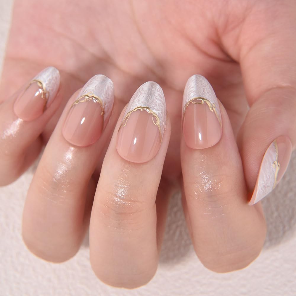 evpct French Tip Press On Nails Short Almond No Glue, Nude Gold Line & Pearl White Tips, Glossy Short Almond Fake False Press on Nails, Reusable Stick on nail Press ons Nail Kit, Salon-quality