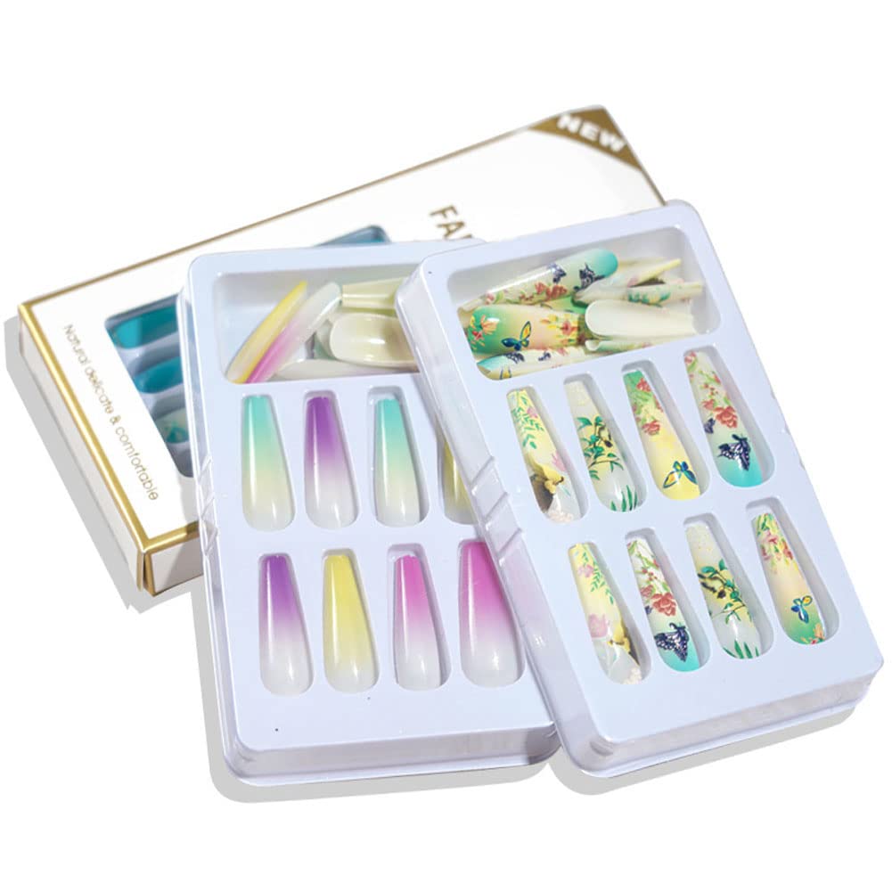 Mesiyun Long Press on Nails Coffin French Fake Nails Tips Ballerina Acrylic Glossy 24pcs False Nails for Women and Girls (Butterfly)