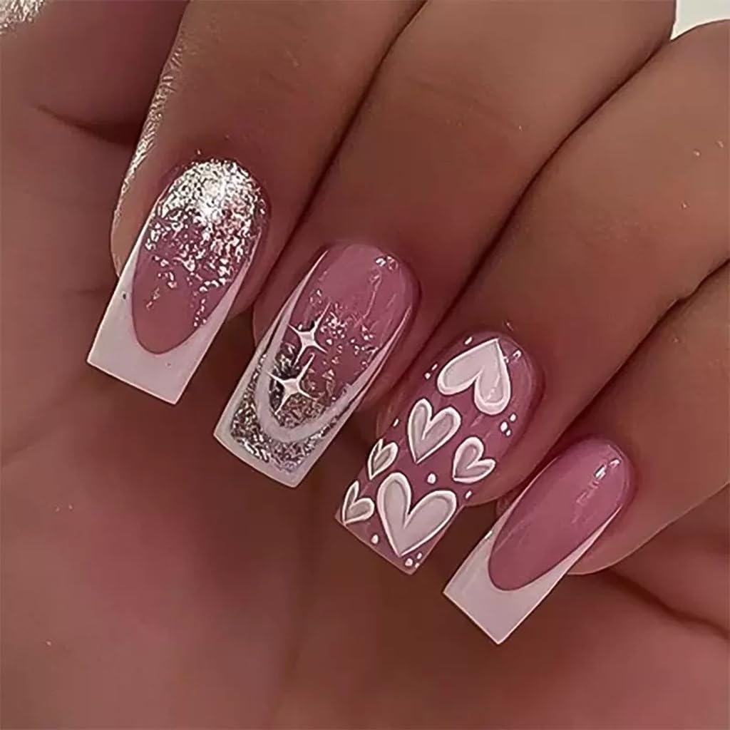 CTTHNBD Press on Nails Square - Medium Pink Fake Nails with Heart Desgin - White French Tip False Nails Press ons - for Women 24 Pcs