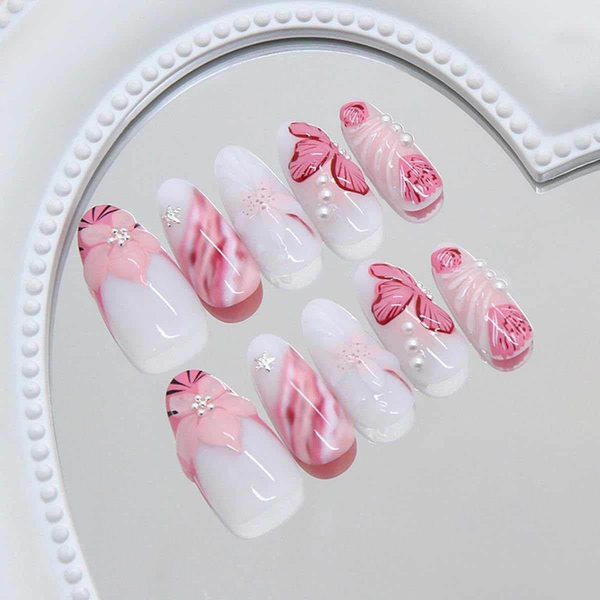 30Pcs Spring Flower Press on Nails Medium Almond Fake Nails Nude White False Nail Tip Kit 3D Floral Pearl Design Sparkly Glossy Glue on Nails Full Cover Acrylic Valentines Stick on Nail for Women