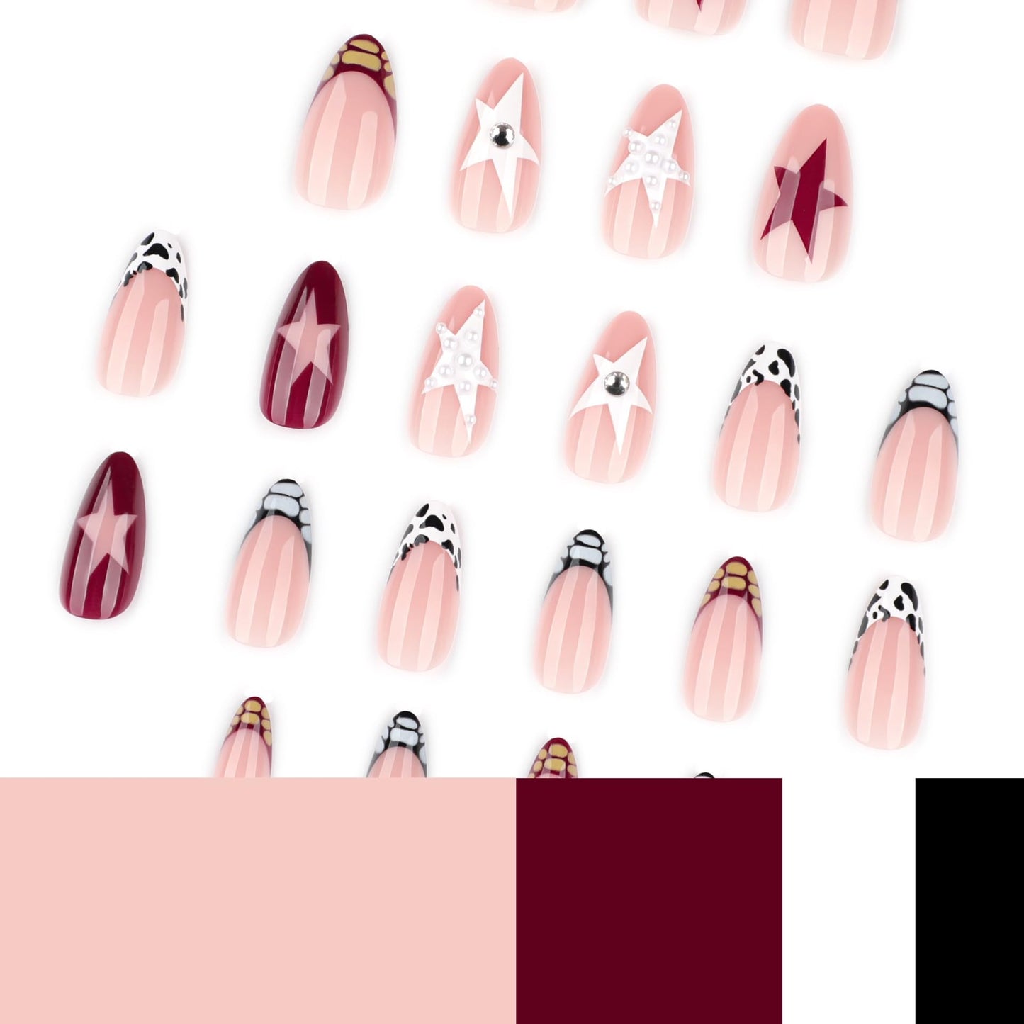 Almond Press on Nails Medium - French Tip Fake Nails with Leopard Print Design - Red, White Star False Nails Press ons -for Women 24 Pcs