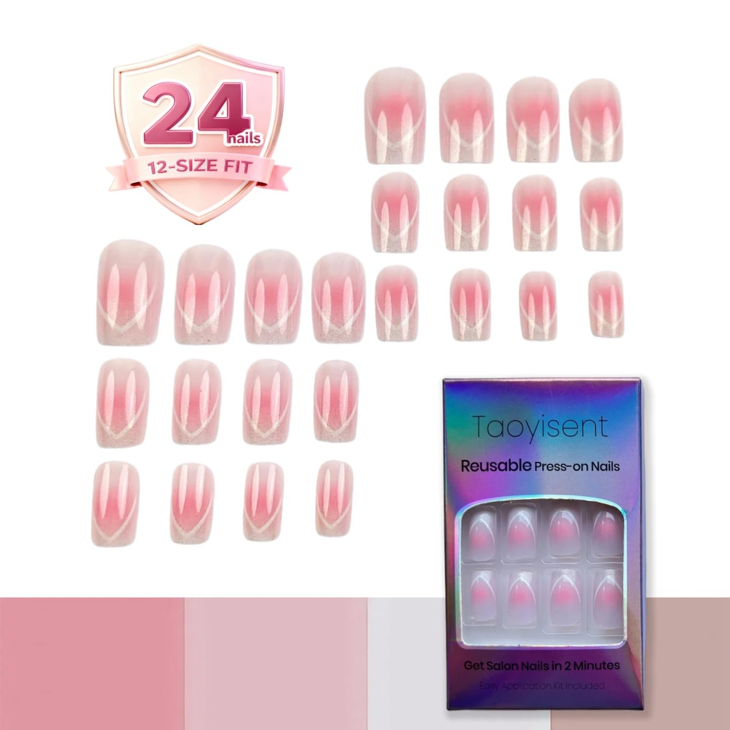 French Tip Press On Nails, Glossy Nude with White Accents, Easy Application, Long-Lasting & Durable False Nails for Women, Salon Quality, 24PCS