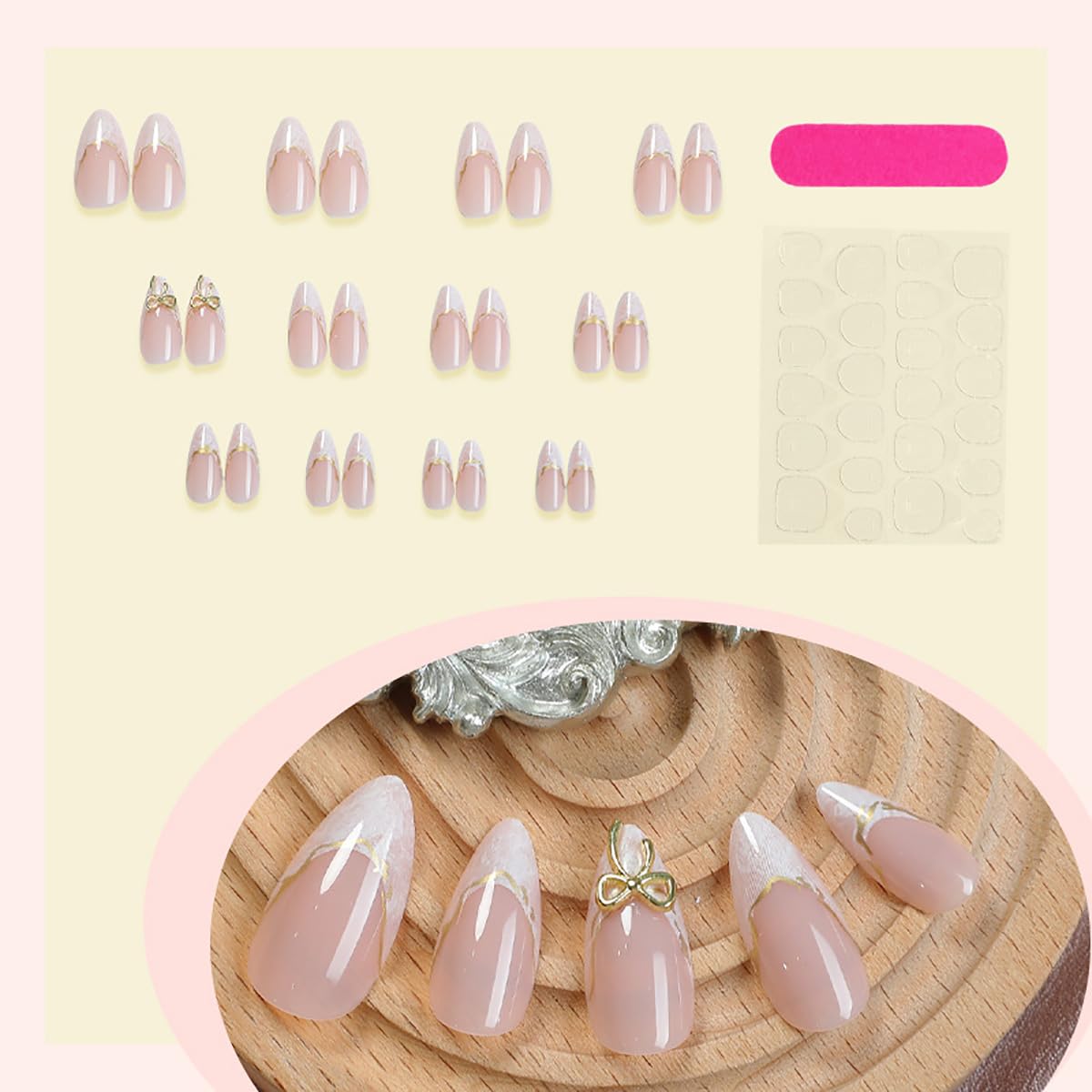 24Pcs White French Tip Press on Nails Medium Almond Fake Nail 3D Gold French Line Pink Nails Glossy Designs Full Cover Stick on Nail Acrylic Glue on Nail Chrome False Nails for Women Manicure Salon
