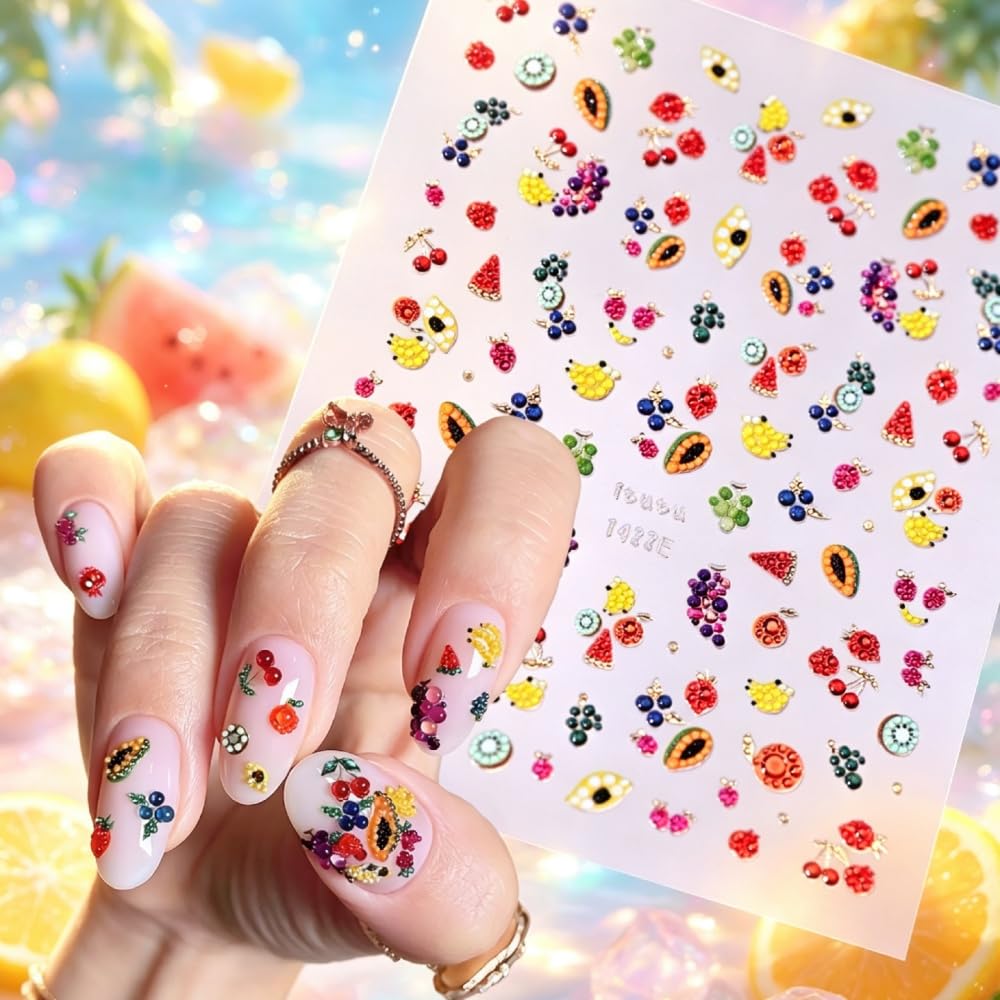 Fruits Nail Stickers Colorful Summer Nail Decals Cartoon Watermelon Banana Nail Designs Cute Jelly Gold Nails Supplies 5D Embossed Self Adhesive Red Yellow Sticker Decals for Women DIY Manicure 1Sheet