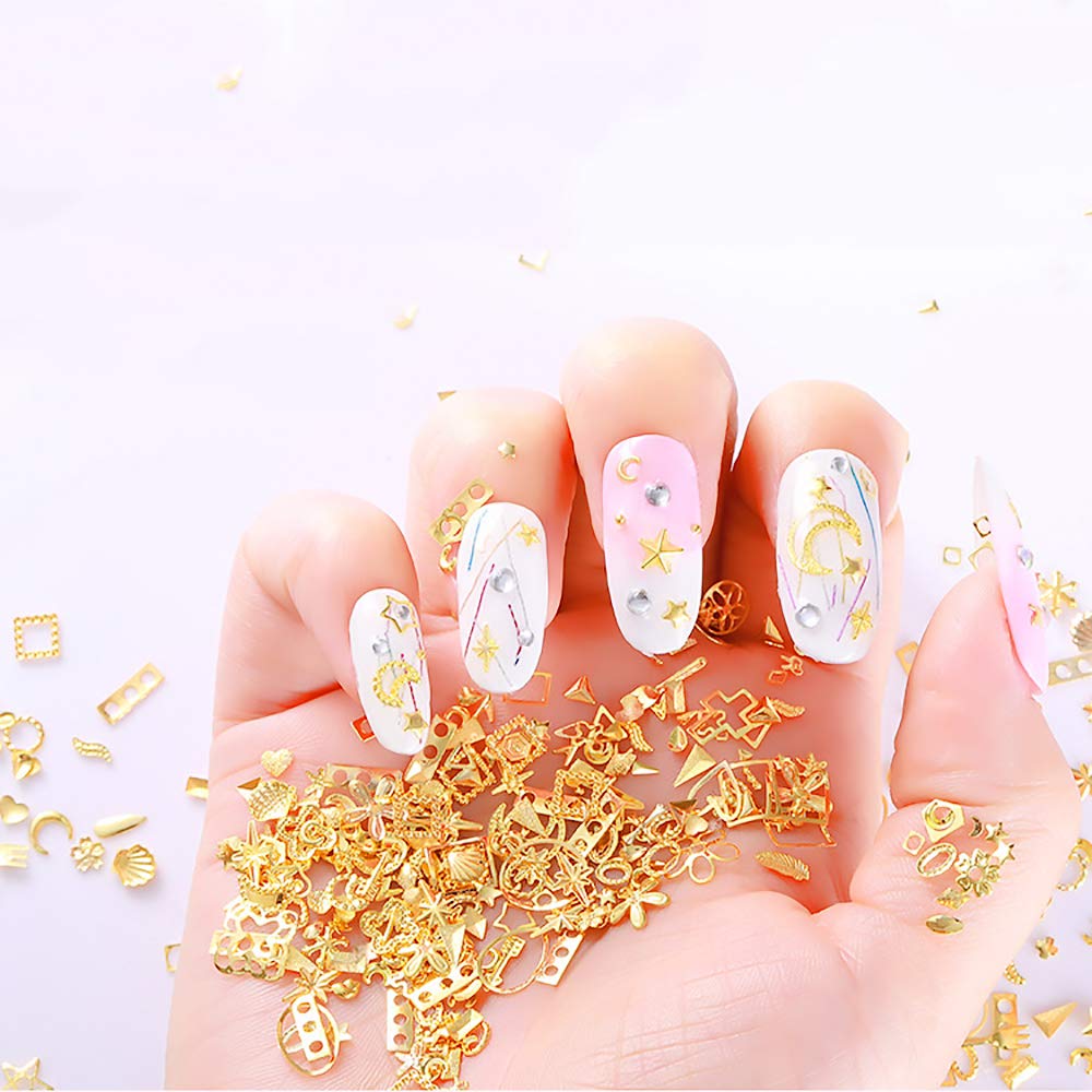 WOKOTO 6 Boxes Gold Hollow Nail Metal Studs Modern Cross Geometry Nail Art Charm 3D Nail Jewelry Decoration With 1Pc Tweezers And Picker Pencil