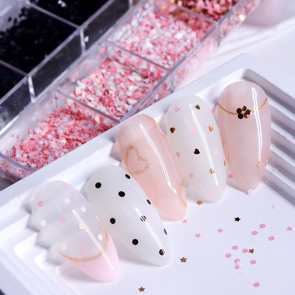 AWDSLUY 12Girds Litter Star Round Heart Nail Glitter Sequin Retro Love Heart Nail Glitters 3D Nail Art Supplies Holographic Shiny Gold Nail Sequins for Valentine's Day Manicure Decorations